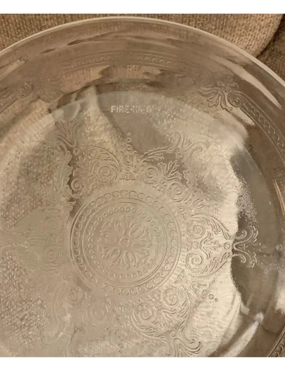 Vintage FIRE KING Clear Glass Philbe Embossed Pattern Pie Plate 9” Diameter